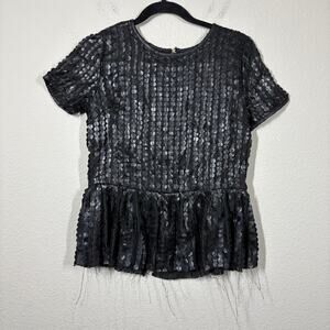 Isabel Lu Small Peplum Black Faux Leather Short Sleeve Blouse Career Classic